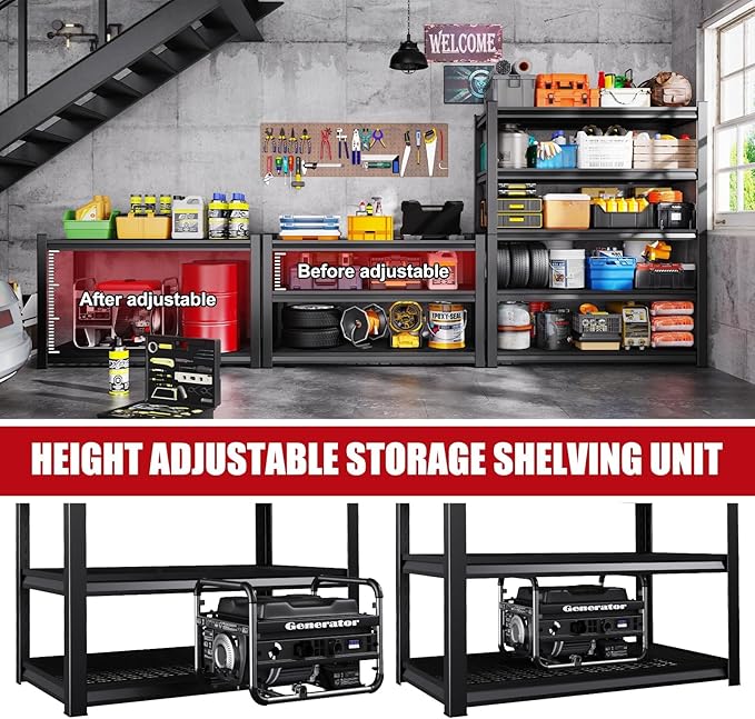 Set of 3 Garage Shelving-3000 lbs 5 Tier Storage Shelves, Adjustable Heavy Duty Metal Shelving Unit and Storage Large Wire Rack, Utility Steel Shelf for Warehouse Industrial-78 x46 x20, Black