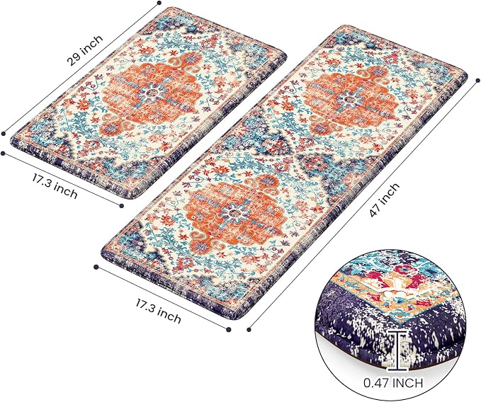 KIMODE Anti Fatigue Kitchen Mat, Boho Vintage Kitchen Rugs Sets of 2, Cushioned Non-Slip Kitchen Mats for Floor, Comfort Kitchen Floor Mats for Sink, Laundry, Desk Orange/Purple,17"x47"+17"x29"