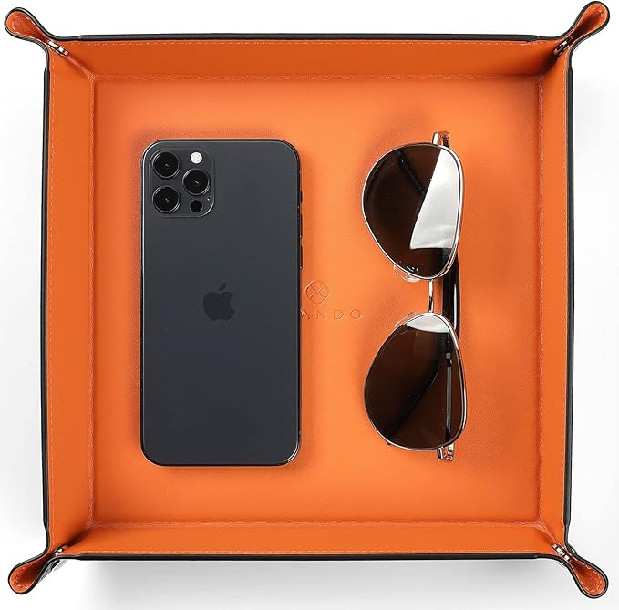 VLANDO Valet Tray for Men Women, Vanity Trays Catchall Tray for Dresser Top Desk Storage Bedside, Travel PU Leather Tray Jewelry Key Phone Coin Change Watches and Candy Holder Sundries Entryway Tray