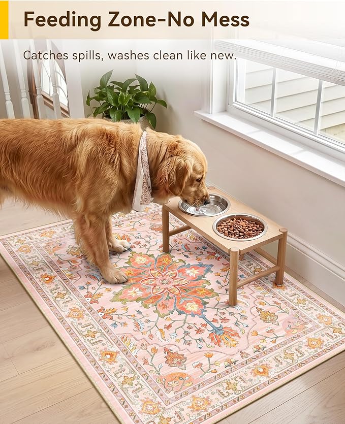 RELEANY Area Rugs Small 2'x3' Washable Non-Slip, Floral Vintage Distress Medallion Carpet for Kitchen Entryway Bathroom, Light Pink Colorful