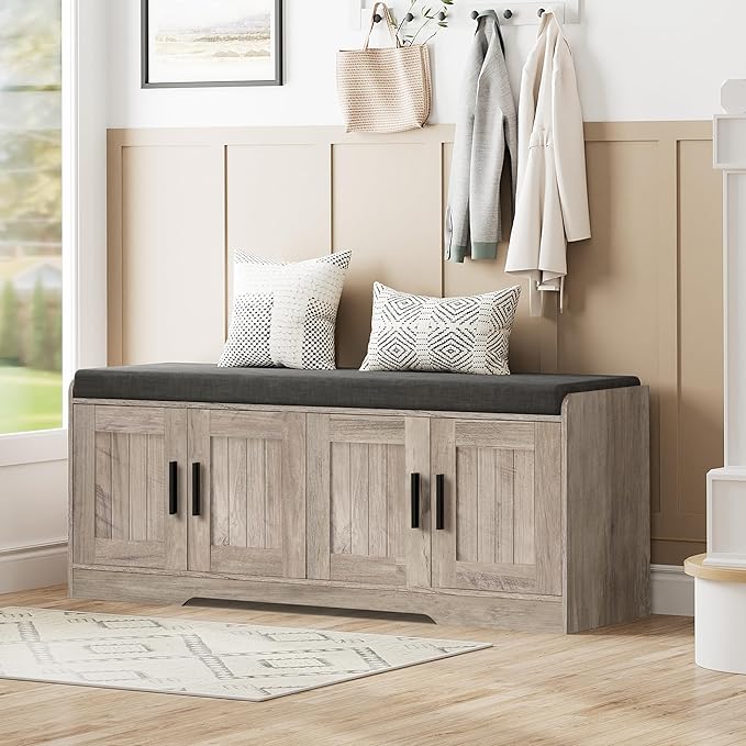 Homleke 2-Tier Storage Bench, Shoe Bench with Thickened Padded Seat Cushion, Entryway Bench with 4 Doors, Adjustable Shelf, 13.8" D x 45.3" W x 18.5" H, for Entryway, Living Room, Bedroom, Greige