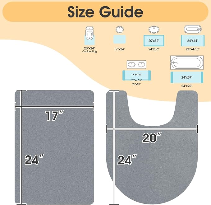 ACCUMTEK Non Slip Bath Mat, Thin Bathroom Rugs Fit Under Door, Quick Dry Bath Mats, Machine Washable Bath Rugs for Bathroom, Bathtub & Kitchen, Bathtub & Kitchen, Grey/Solid/2 Piece