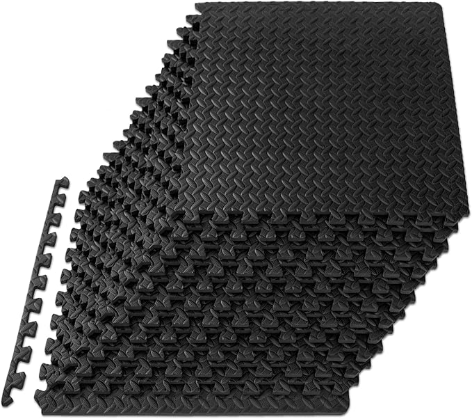 ProsourceFit Exercise Puzzle Mat ½-inch, EVA Interlocking Foam Floor Tiles for Home Gym, Workout Equipment, Kids Play Areas, Black, 48 SQ FT - 12 Tiles