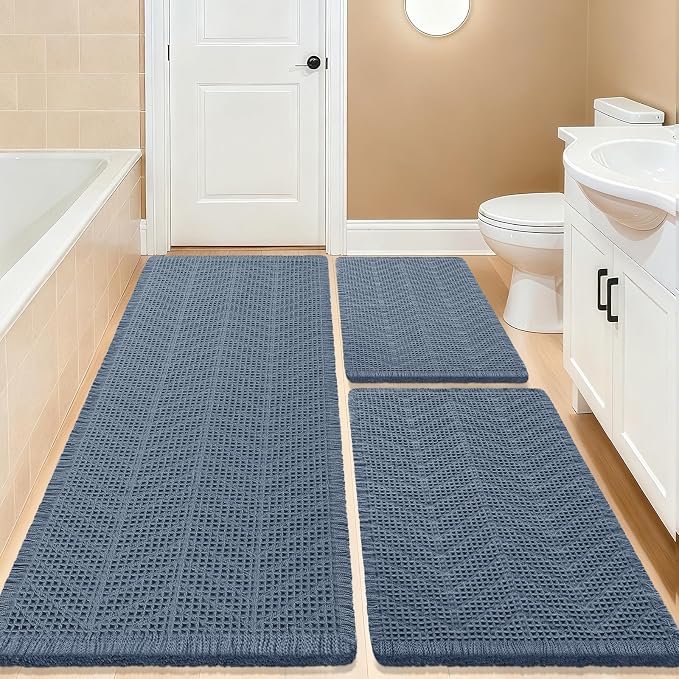 Upgrade Waffle Bath Mat Set 3 Piece, Boho Bathroom Rugs Absorbent Non Slip, Soft Bathroom Mats, Machine Washable Knit Bath Rugs with Herringbones for Bathroom, Bedroom, Kitchen, Shower, Tub, Blue