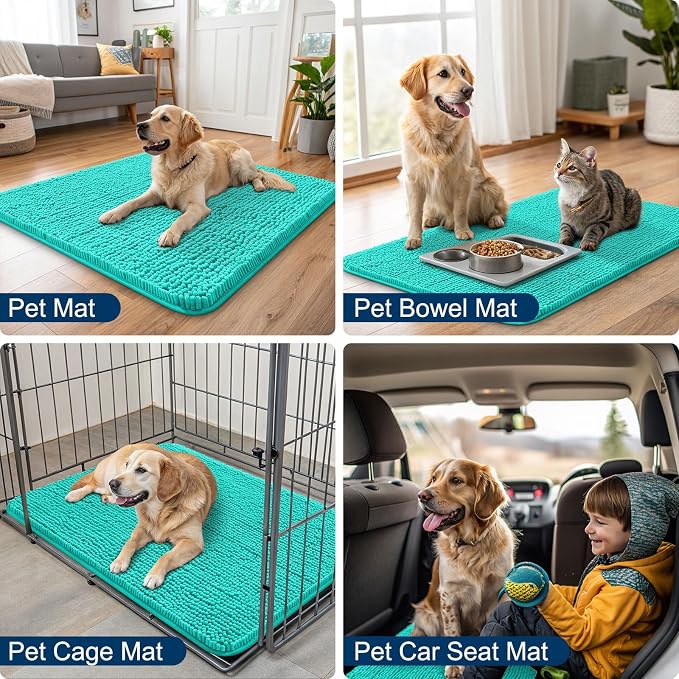Smiry Dog Door Mat for Muddy Paws 54x32, Absorbent Dirt Trapper, Non-Slip Washable Chenille Entryway Rug for Inside Floor, Teal, Classic Solid