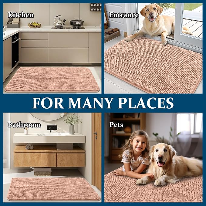 OLANLY Dog Door Mat for Muddy Paws 47x32, Absorbs Moisture and Dirt, Absorbent Non-Slip Washable Doormat, Quick Dry Chenille Mud Mat for Dogs, Entry Indoor Entryway Carpet for Inside Floor, Peach