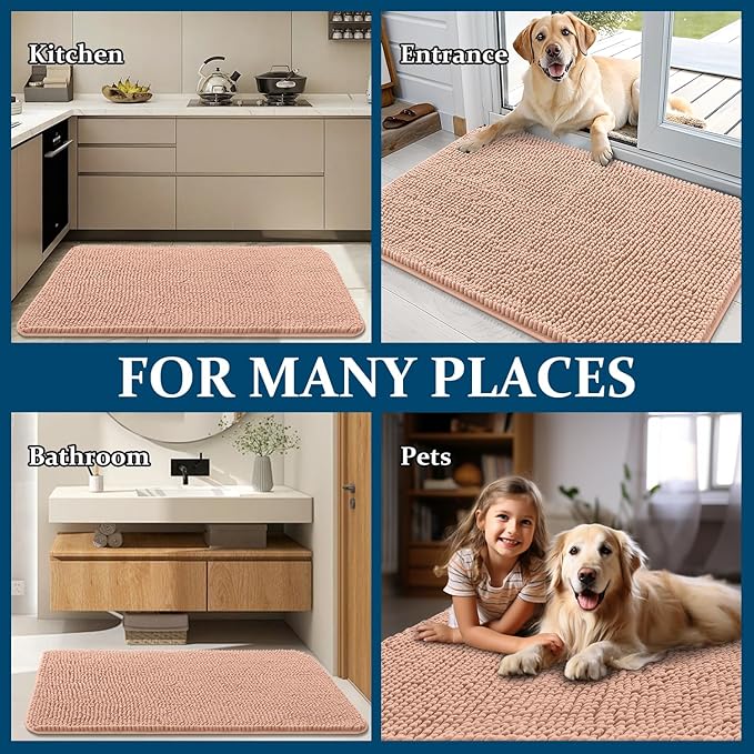 OLANLY Dog Door Mat for Muddy Paws 48x30, Absorbs Moisture and Dirt, Absorbent Non-Slip Washable Doormat, Quick Dry Chenille Mud Mat for Dogs, Entry Indoor Entryway Carpet for Inside Floor, Peach