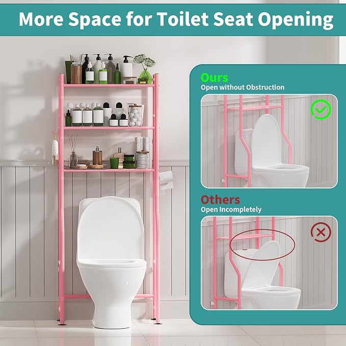 3-Tier Over The Toilet Storage Organizer, Space-Saving Bathroom Rack with Paper Holder & 4 Hooks, 64" Tall Freestanding Carbon Steel Shelf for Small Apartment Laundry Room (Pink)