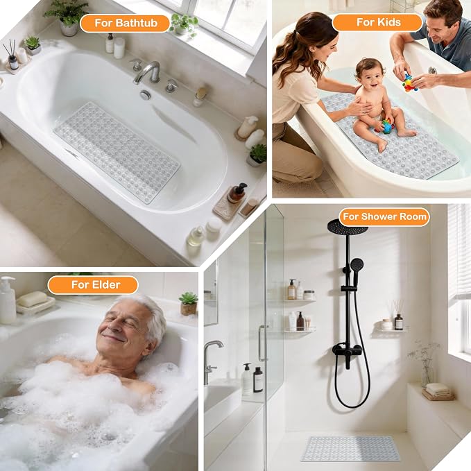 Yimobra Bath Tub Mat Non Slip, 34.5"X15.5" Long Shower Mat, Machine Washable Bathmat with Drain Holes and Suction Cups, Soft on Feet, Bathroom Essentials, Clear