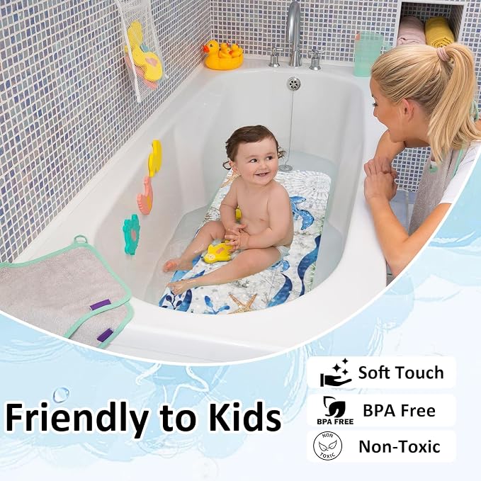 Topotdor Baby Bathtub Mat Non Slip for Kids, 40 X 16 Inch Cute Cartoon Bath Tub Shower Mat Anti Slip with Suction Cups & Drain Holes, Nautical Sea Turtles