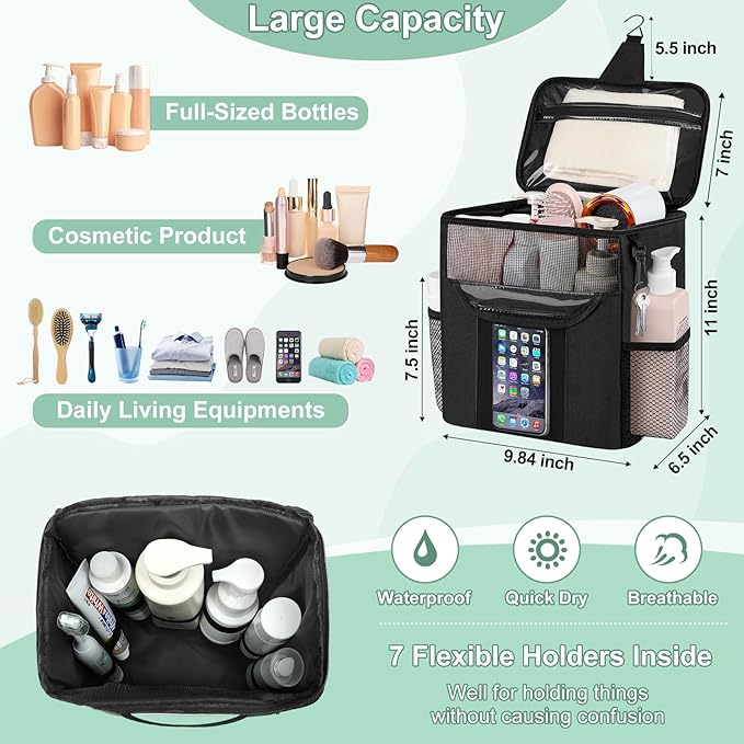 Attmu Shower Caddy Portable for Dorm Room Essentials, Hanging Shower Bag for College, Large Capacity Mesh Shower Caddy for Bath Essentials (Black)