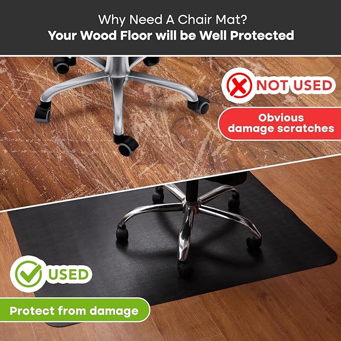 Office Chair Mat for Hardwood Floor: 53"x45" Large Black Rolling Chair Mat for Hard Wood and Tile Floor, Anti-Slip Heavy Duty Floor Protector Mat Under Computer Desk, Easy Glide Chair Mats for Home