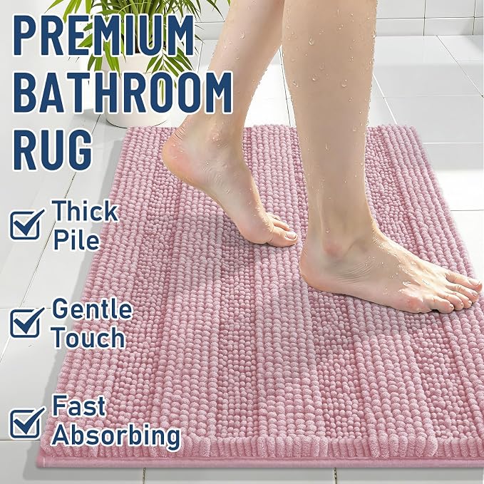 Grandaily Chenille Striped Bathroom Rugs 36x24, Extra Thick and Soft Absorbent Bath Mats, Rubber Backing, Plush Shaggy Shower Carpet, Machine Wash Dry, Bath Rug for Bathroom, Dusty Rose