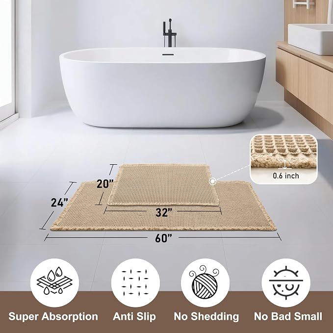 JIUZHEN Set of 2 Waffle Bath Mats Non Slip Waffle Bathroom Runner Rug Washable Boho Runner Bath Rugs Super Absorbent Shower Mat for Bathroom Kitchen Hallway Laundry, 20" x 32" +24" x 60", Brown