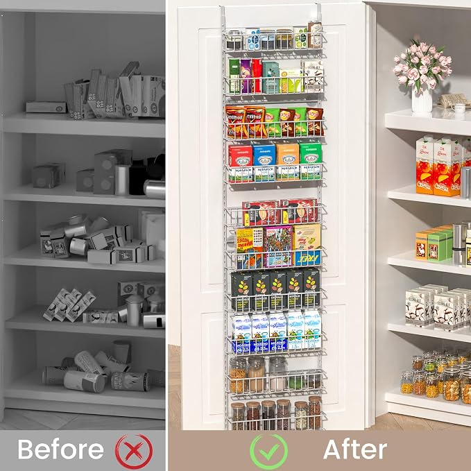 ElegantArray 9-Tier Pantry Door Oragnizer, Over The Door Pantry Organizer Rack and Storage, Hanging Spice Rack Shelves Door, Home Office Laundry Room Bathroom & Kitchen Organization, Light Gray