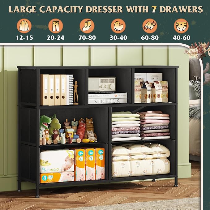 WLIVE 7 Drawer Dresser TV Stand, Entertainment Center, Media Console Table with Metal Frame and Wood Top for TV up to 45 inch, Chest of Drawers for Bedroom, Living Room, Vintage Green