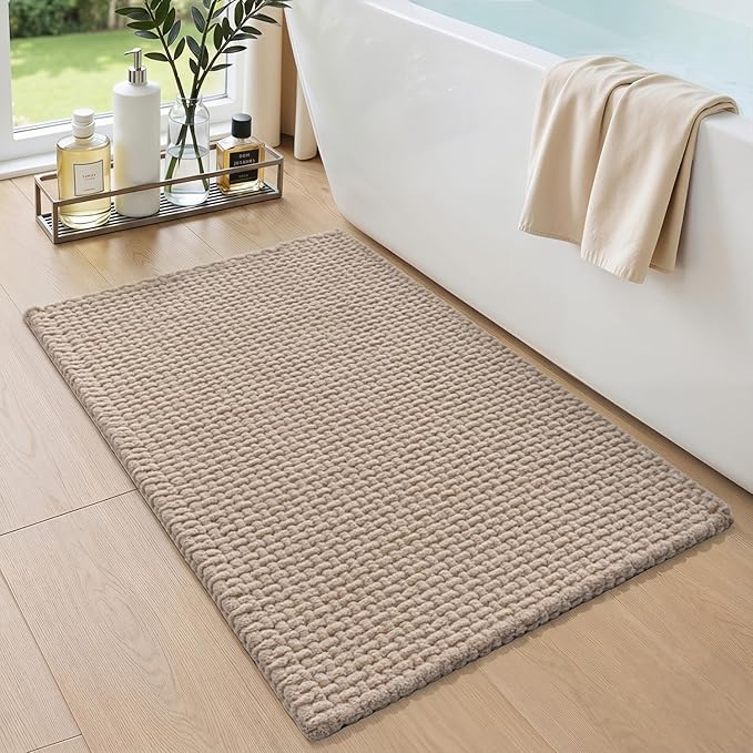 DEXI Bathroom Rugs 24x16, Non Slip Washable Bath Mat, Absorbent Chenille Bathmat, Ultra Soft Thick Carpet for Tub Shower Floor, Dark Beige