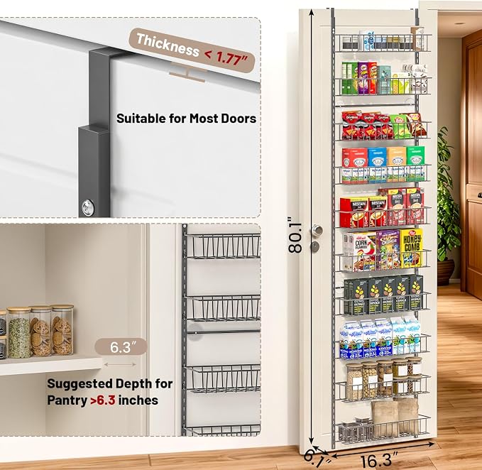 ElegantArray 10-Tier Pantry Door Oragnizer, Over The Door Pantry Organizer Rack and Storage, Hanging Spice Rack Shelves Door, Home Office Laundry Room Bathroom & Kitchen Organization, Deep Gray