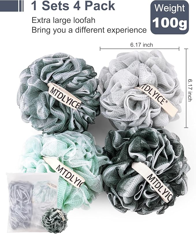 MTDLYICE Loofah Sponge, XXL Large Loofah 100g 4 Pack, Bath Sponge Soft Mesh Shower Loofah for Men, Body Scrub, Shower Pouf Bath Accessories, for Body Wash, Soap (Blue Gray)