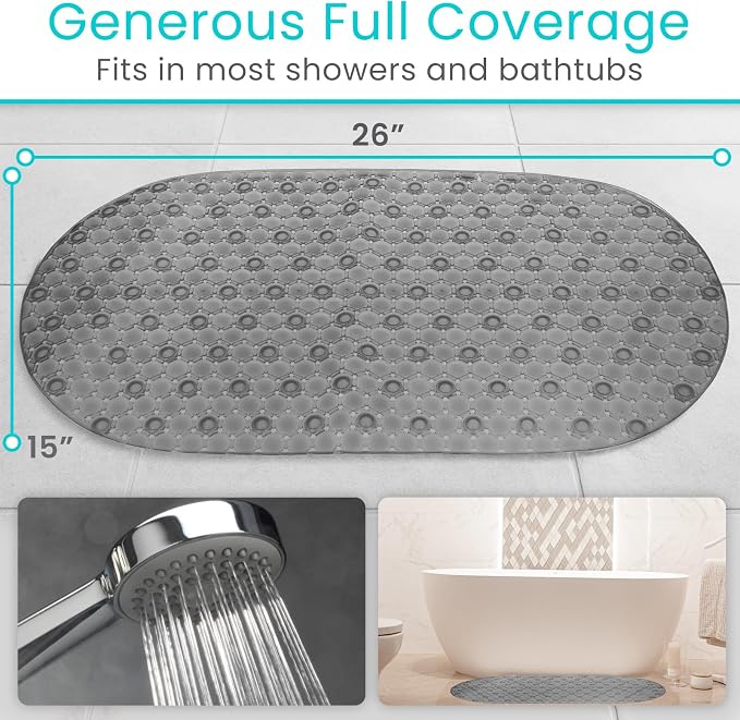 Vive Oval Bathtub Mat - Nonslip Shower Floor Pad - Non-Slip and Non-Skid for Bath Tub with Strong Rubber Suction Cup Grip - for Baby, Elderly, Kids, Bathroom (Gray)