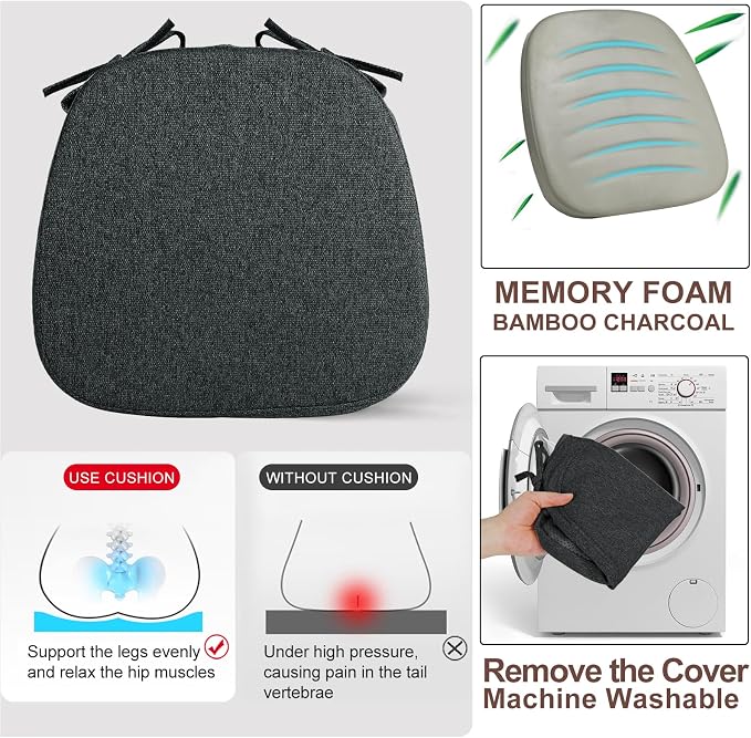 SINOSSO 1 Pack Memory Foam Chair Cushions for Dining Chair, Friendly Woven Fabric 16" U-Shape Comfortable Kitchen Chair Pad, Removable Slip Resistant Seat Cushion (1 Piece, Black)
