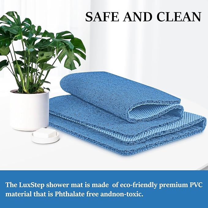 LuxStep Shower Mat Bathtub Mat,24x32 inch, Non-Slip Bath Mat with Drain, Quick Drying PVC Loofah Bathmat for Tub,Shower,Bathroom (Lake Blue)