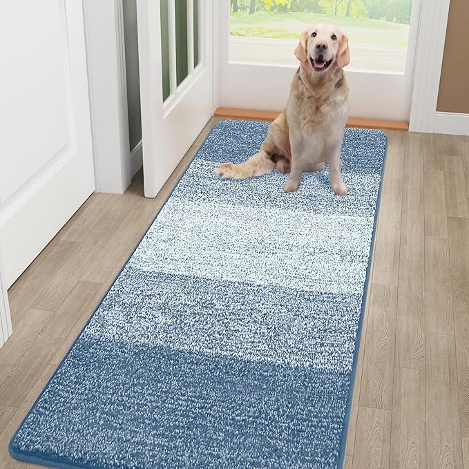 Smiry Dog Door Mat for Muddy Paws, Absorbs Moisture and Dirt, Low-Profile Entryway Mat with Non-Slip Backing, Entry Indoor Outdoor Doormat for Inside Floor (48x32 Inches, Light Blue, Striped)