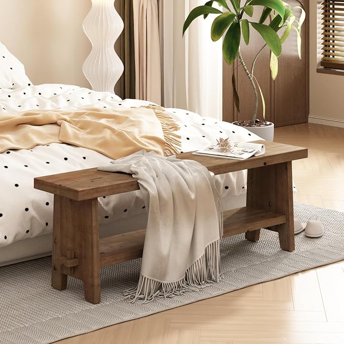 HOKYHOKY Solid Wood Entryway Bench - 51.2" Farmhouse Long Storage Bench, Rustic Narrow Bench Seat for Indoor, Entryway, Dining Room, Living Room and Hallway, Brown