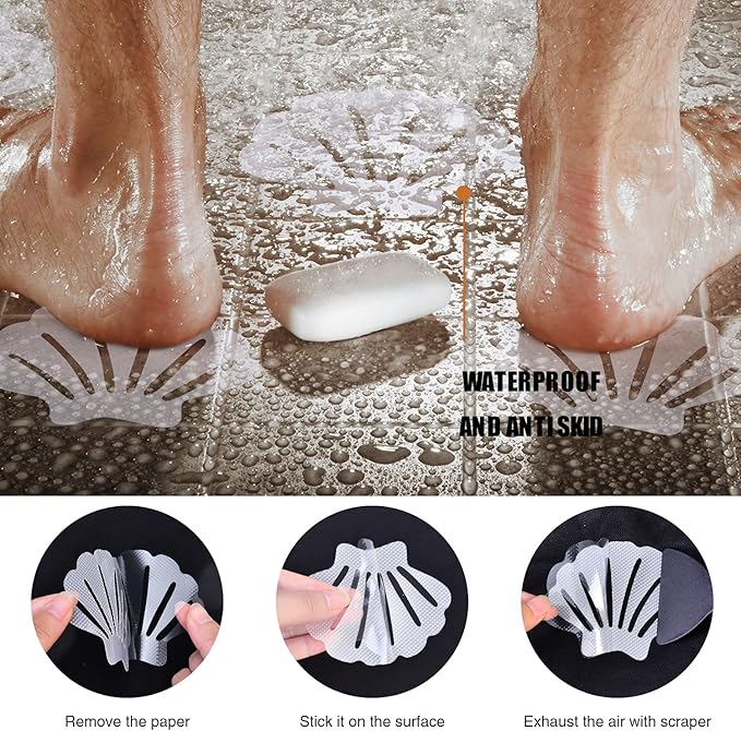 Secopad Non-Slip Bathtub Stickers, 24 PCS Shell Safety Bathroom Tubs Showers Treads Adhesive Decals Scraper (Clear)