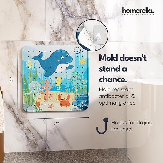 homerella® Shower Mat Non Slip Anti Mold, Non Slip Shower Mats for Inside Shower Stall Anti Slip Mat, Square Shower Floor Mat 21 x 21 in with Suction Cups & Hooks for Quick Drying, Machine Washable