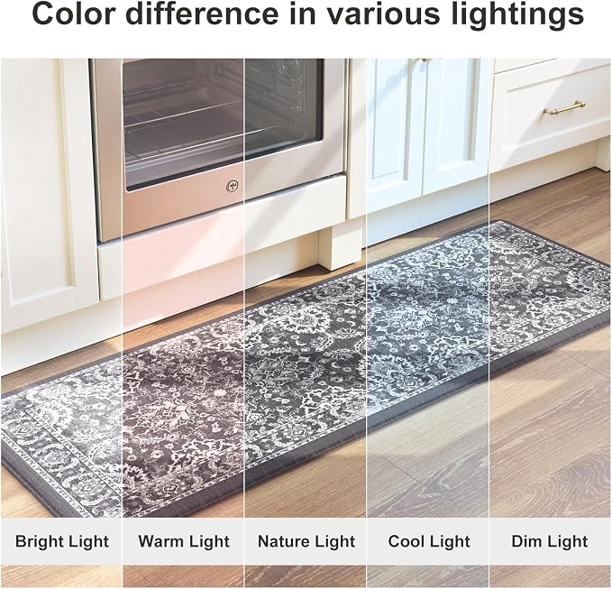KIMODE Comfort Kitchen Mats for Floor Cushioned Anti Fatigue 2 Piece,Boho Floral Kitchen Rugs Non Slip,Waterproof Memory Foam Kitchen Mat Carpet for Laundry Office Home,Dark Grey 17"x29.5"+17" x47”