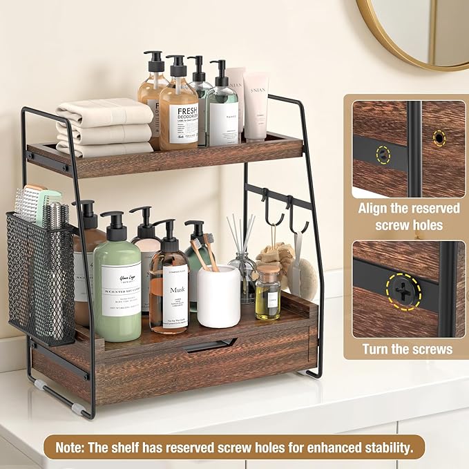 2-Tier Bathroom Counter Organizer with Drawer and Removable Basket, Wood Vanity Countertop Storage for Perfume, Makeup, Skincare, Bathroom Counter Shelf, 13" x 7.9" x 14.5", Dark Brown