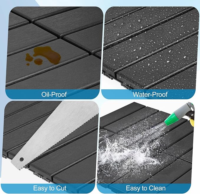 ToLanbbt Plastic Interlocking Deck Tiles 36 Pack 12"x12" Waterproof Indoor Outdoor Composite Patio Flooring Decking Tiles All Weather Use for Patio Porch Balcony Backyard Poolside, Dark Grey