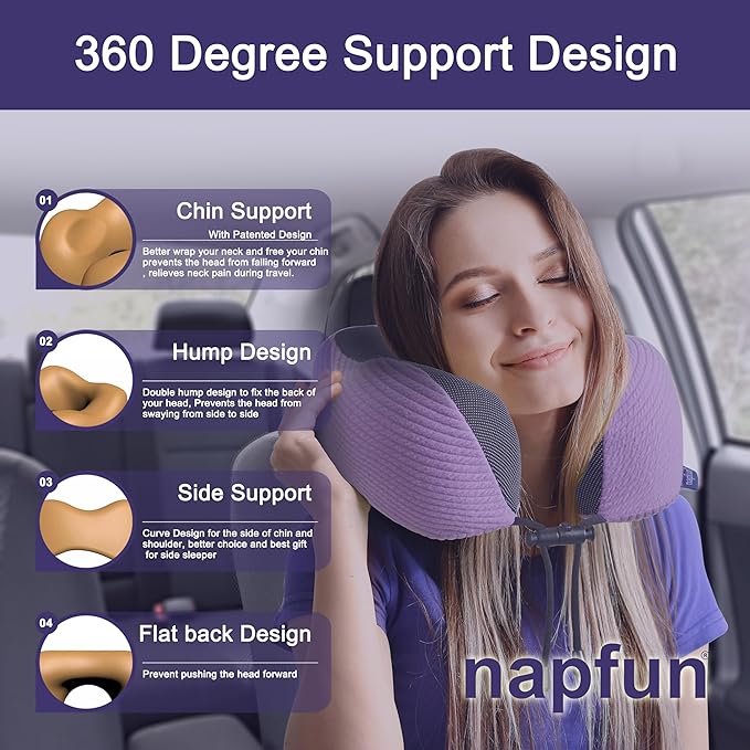 napfun Neck Pillow for Traveling, Upgraded Travel Neck Pillow for Airplane 100% Pure Memory Foam Travel Pillow for Flight Headrest Sleep, Portable Plane Accessories, Light Purple