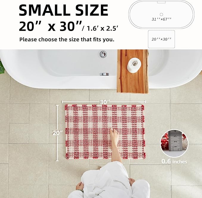 TYUU Waffle Bath Mat, Boho Christmas Bathroom Rugs Non Slip Washable Absorbent Checkered Bathroom Mat Quick Dry Cute Bath Mat, 30"x20" Red and White