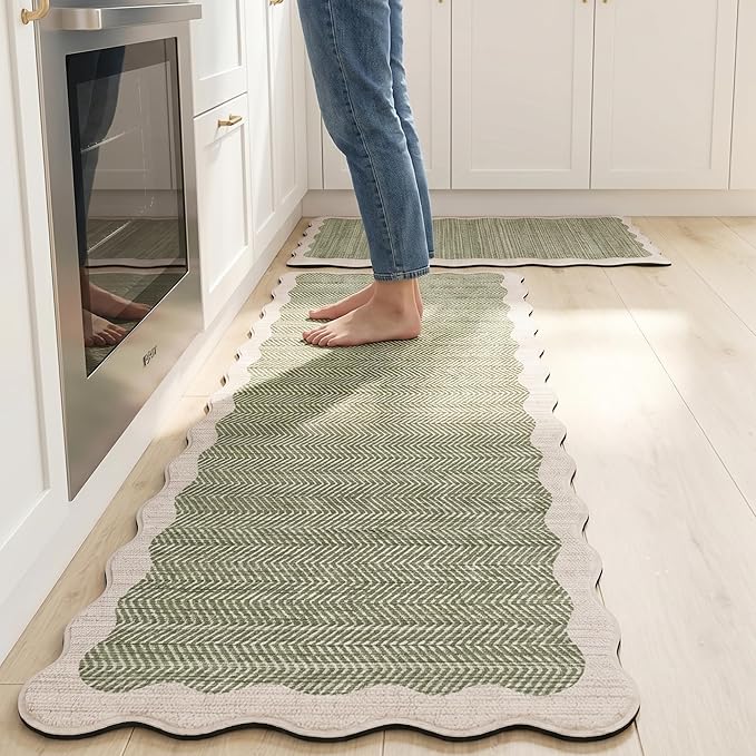 Scalloped Sage Green Vintage Boho Elegance Kitchen Rug Sets [2 PCs], Anti-Fatigue, Waterproof Non-Slip Kitchen Mats Heavy Duty Comfort Foam Rug for Kitchen, Floor, Laundry,17.3"x29"+17.3"x47"