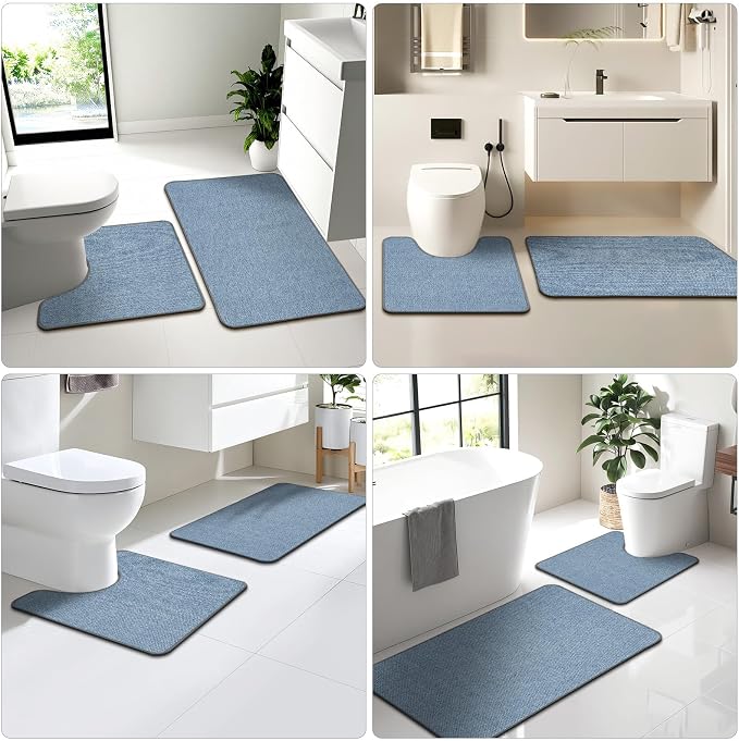 HOMTEB Toilet Rugs U Shaped Washable 24x20, Ultra Thin Toilet Rug Super Absorbent, Toilet Mat Rubber Backing Non-Slip, Toilet Mats Machine Washable Dry Quickly, Contour Bathroom Rugs for Toilet-Blue