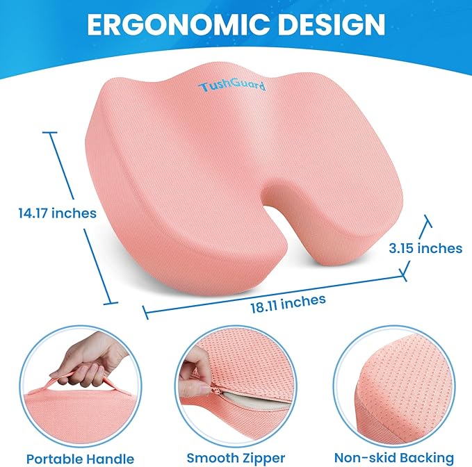 TushGuard Seat Cushion for Office Chair Memory Foam Non-Slip Cushion Back, Relief Chair Pad, Butt Pillow for Office Chair, Car, Computer Desk, Pink