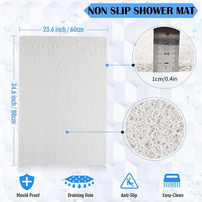 godehone Shower Mats Non Slip Without Suction Cups, PVC Loofah Bathroom Mats, Loofah Mats for Shower and Bathroom, Quick Drying, 23.6× 34.6 Inch, White