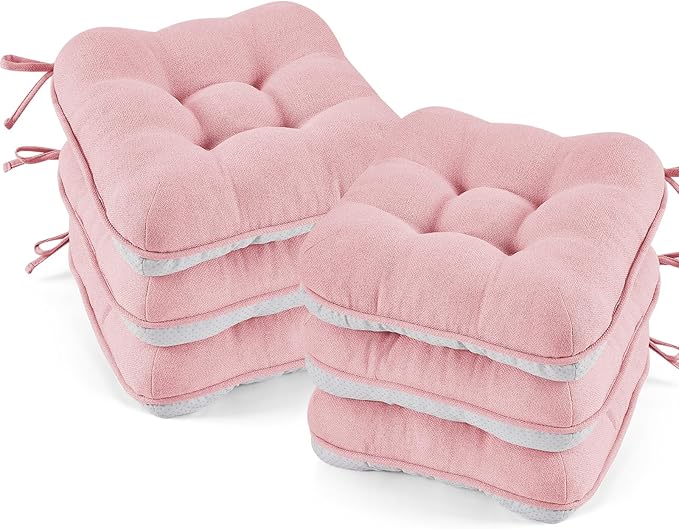 BETU Pink Chair Cushions for Dining Chairs Set of 6,3.5" Thick Kitchen Table Chair Pads with Ties,Non Slip Backing and Covers, Seat Cushion for Dining Room,Bar,Patio Chairs,15.5"X15.5"X3.5",Pink