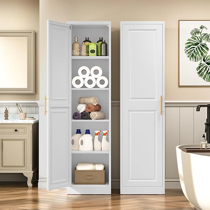 SISESOL 71" Tall Narrow Storage Cabinet with 1 Door and 5 Shelves,Slim Kitchen Pantry Cabinet,White Metal Bathroom Cabinets,Large Cupboard for Home,Kitchen,Laundry,Bathroom
