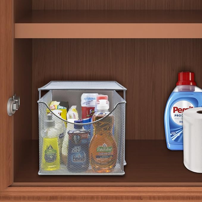 Sorbus® Cabinet Organizer Drawer with Cover—Mesh Storage Organizer w/Pull Out Drawers—Stackable, Ideal for Countertop, Cabinet, Pantry, Under the Sink, Desktop and More (Silver Bottom Drawer)