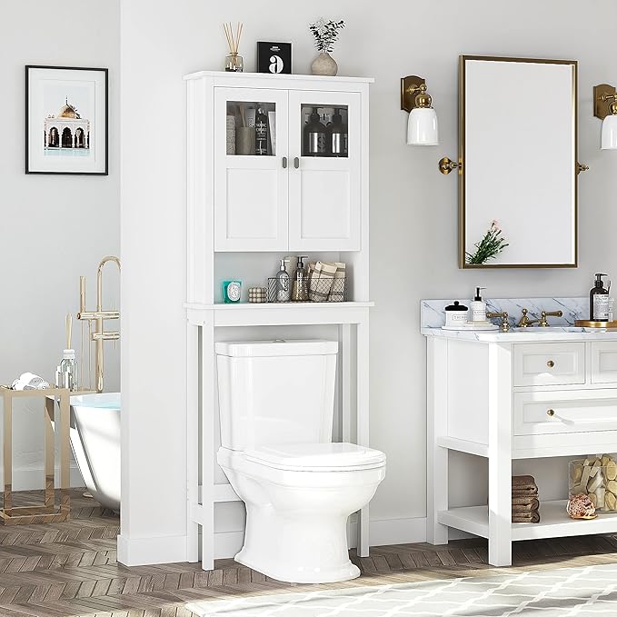 Spirich Bathroom Cabinet Over Toilet, Bathroom Storage Cabinet with Glass Doors and Adjustable Shelves, Over The Toilet Storage Cabinet, White