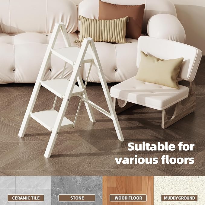 HillhutApex 3 Step Ladder, Lightweight Portable 3 Step Stool with Anti-Slip Wide Pedal, 330lbs Capacity Aluminum Ladder for Household,Office,Kitchen(White)