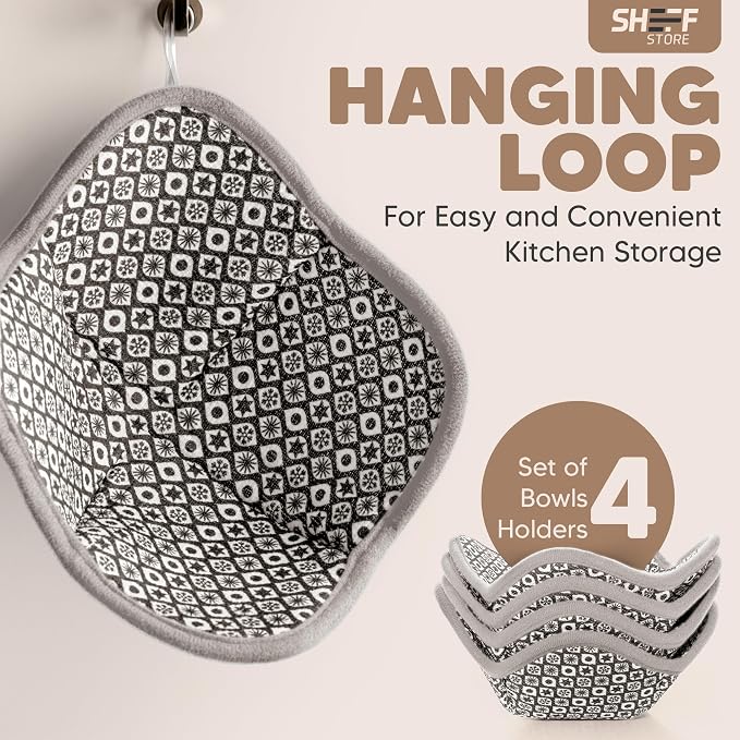 Sheff Microwave Bowl Cozy Holders Set of 4 - Durable and Reliable for Hot and Cold Plates and Dishes - Ideal Household Gift (Gray and White, 7 inch)