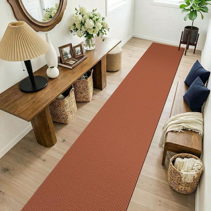 KOZYFLY Orange 2x14 Runners Rugs for Hallway, Long Washable Runner Rug, Woven Non Slip Kitchen Runner, Flatweave Entryway Rug, Floor Carpet for Entry, Aisle, Hall, Burnt Orange/Tan