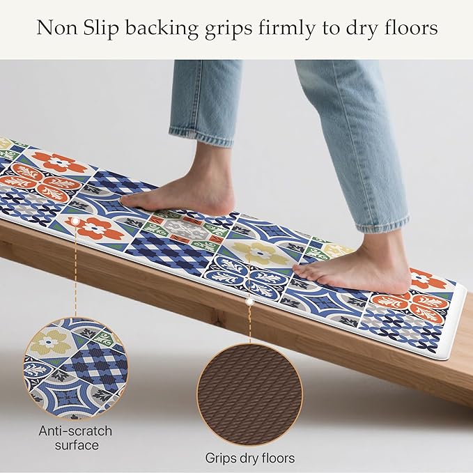 GENIMO Anti Fatigue Kitchen Mats for Floor, Cushioned Non Slip Kitchen Rug, Waterproof Kitchen Floor Mat Runner, Kitchen Mat for Laundry, Sink, Office, Entryway, 17.3"x47"+17.3"x30", Blue