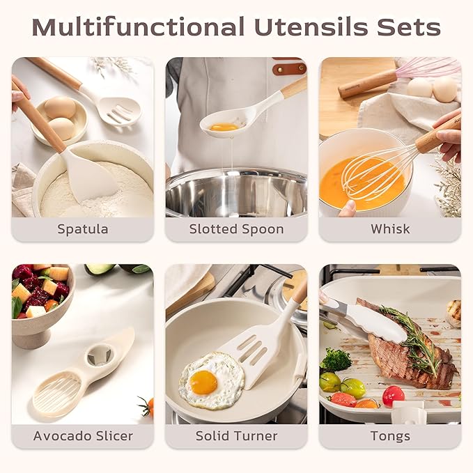 Astercook Kitchen Utensils set, 39 PCS Silicone Cooking Utensils Set with Wooden Handle, 446°F Heat Resistant Food Grade Utensil Sets, BPA Free Kitchen Gadgets Tools Set for Nonstick Cookware (Cream)