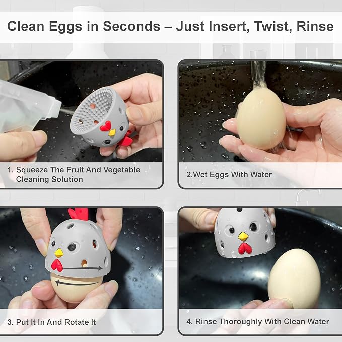 Egg Washer for Fresh Eggs, Egg Scrubber for Fresh Eggs, Reusable Silicone Chicken Shaped Scrubs, Chicken Egg Cleaner, Eggshell Cleaner for Poultry Farm, Housewife Kitchen Helper Tool (Gray Chick Cap)