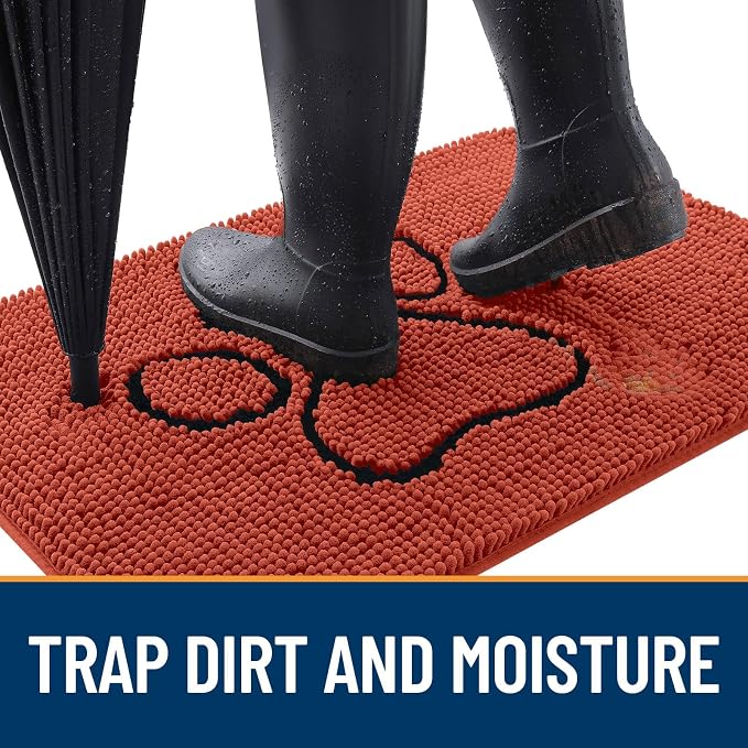 OLANLY Dog Door Mat for Muddy Paws 30x20, Paw Print Design, Absorbs Moisture and Dirt, Absorbent Non-Slip Washable Doormat, Quick Dry Chenille Mud Mat for Dogs, Entry Indoor Entryway Carpet, Maple Red